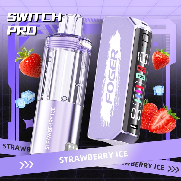 strawberry-ice-foger-switch-pro-30k-puffs-disposable-vape Strawberry ice kit with the prefilled Strawberry Ice pod clicked onto the reusable Foger Switch Pro power bank dock
