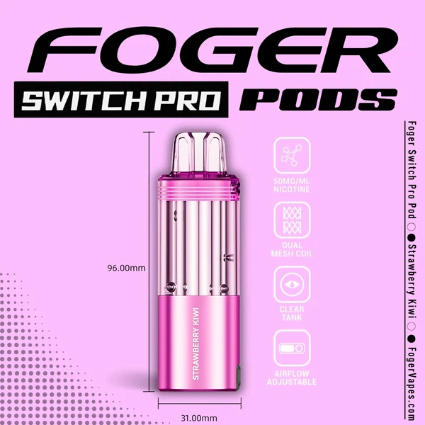 strawberry-kiwi-foger-switch-pro-30k-puffs-disposable-pod-1 Strawberry kiwi Switch Pro pod by Foger showing the clear 19mL tank beside its magnetic power bank dock