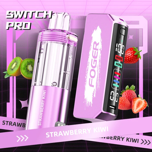 strawberry-kiwi-foger-switch-pro-30k-puffs-disposable-vape Strawberry kiwi kit by Foger with the prefilled pod clicked into the reusable 850mAh power bank dock