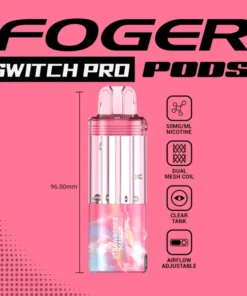 Strawberry mango Switch Pro pod by Foger with a transparent 19mL tank seated in the magnetic power bank dock