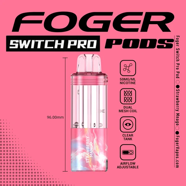 strawberry-mango-foger-switch-pro-30k-puffs-disposable-pod-cover Strawberry mango Switch Pro pod by Foger with a transparent 19mL tank seated in the magnetic power bank dock