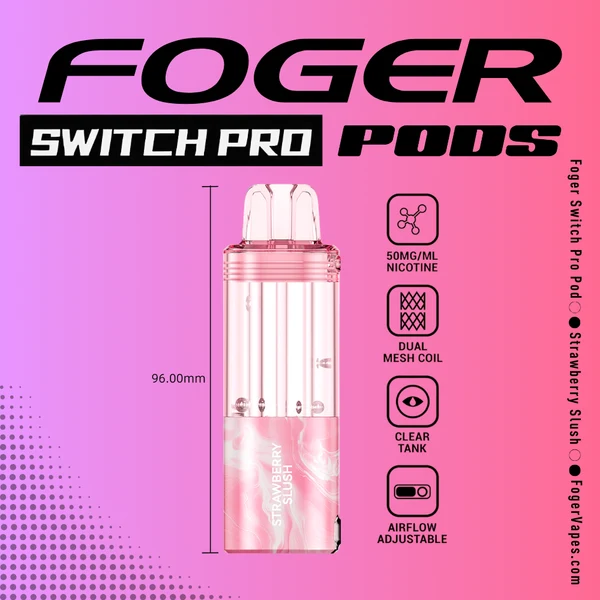 strawberry-slush-foger-switch-pro-30k-puffs-disposable-pod-1 Strawberry slush Switch Pro pod by Foger with a clear 19mL tank slotted into the magnetic charging dock