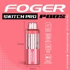 Strawberry watermelon Switch Pro pod by Foger next to its magnetic 850mAh charging dock, clear tank showing the e-liquid level