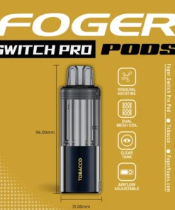 Tobacco Switch Pro pod from Foger docked on the Switch Pro power bank, clear 19mL tank showing the juice level