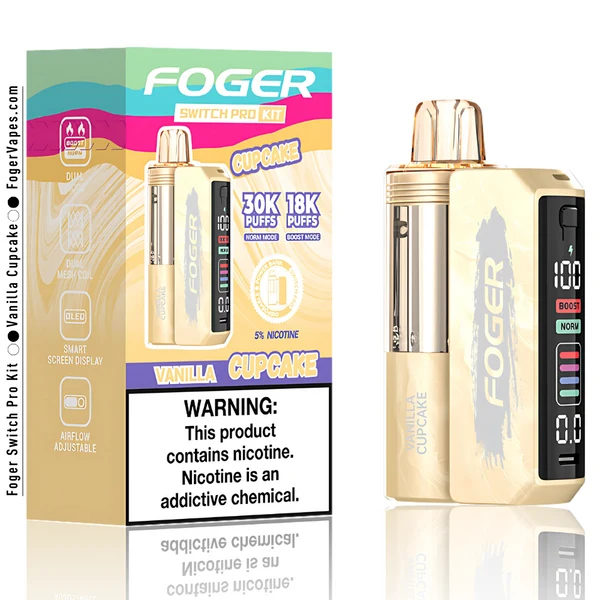 vanilla-cupcake-foger-switch-pro-30k-puffs-disposable-kit-box Foger vanilla cupcake pro kit with prefilled pod and reusable 850mAh power bank dock