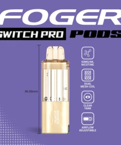 Vanilla cupcake Switch Pro pod from Foger beside the magnetic dock, clear 19mL tank showing the juice level
