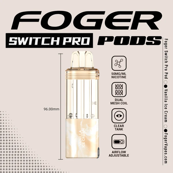 vanilla-ice-cream-foger-switch-pro-30k-puffs-disposable-pod-cover Vanilla ice cream pod from Foger clicked into the Switch Pro magnetic dock, clear 19mL tank visible