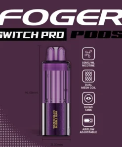 Watermelon bubble gum pod for the Foger Switch Pro with a clear 19mL tank clicked into the magnetic charging dock