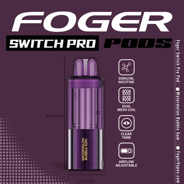 watermelon-bubble-gum-foger-switch-pro-30k-puffs-disposable-pod-1 Watermelon bubble gum pod for the Foger Switch Pro with a clear 19mL tank clicked into the magnetic charging dock