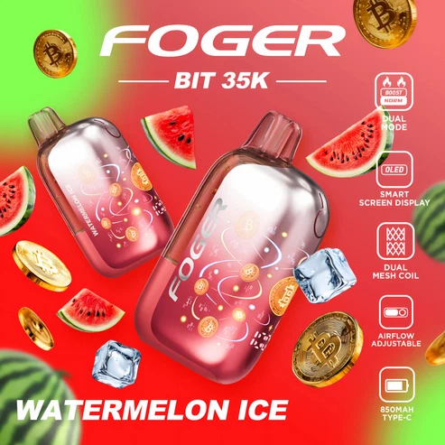 watermelon-ice-foger-bit-35k-cover Watermelon Ice Bit 35K disposable showing its transparent tank and Bitcoin chip-board artwork