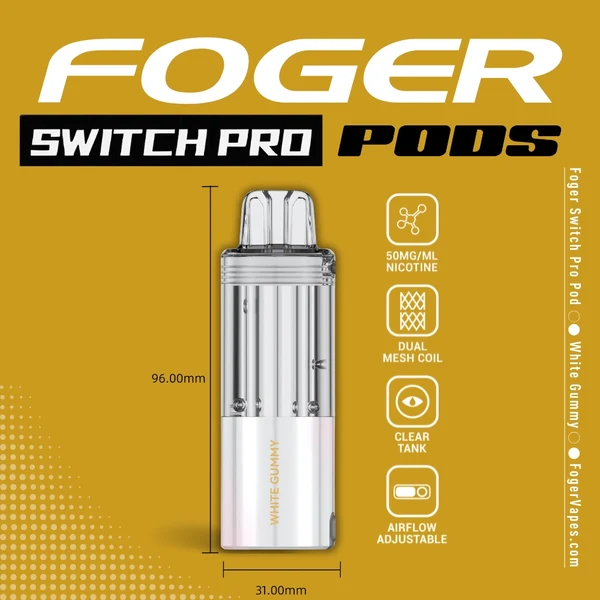 white-gummy-foger-switch-pro-30k-puffs-disposable-pod-1 White gummy Switch Pro pod by Foger with a clear 19mL tank clicked into the magnetic charging dock