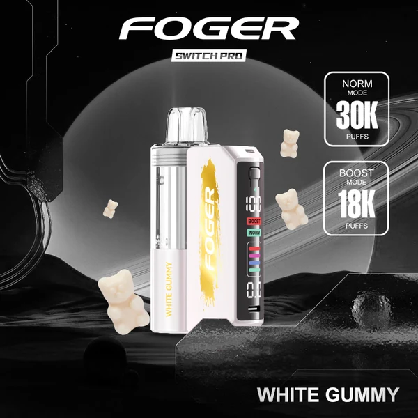 white-gummy-foger-switch-pro-kit-30k-puffs White gummy pro kit by Foger with the prefilled pod clicked into the 850mAh magnetic power bank dock
