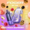 White peach raspberry 35k Foger Bit 35K disposable with Bitcoin chip artwork under its transparent case, clear tank showing the e-liquid level