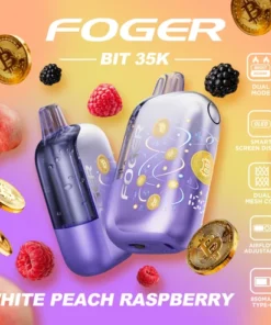 White peach raspberry 35k Foger Bit 35K disposable with Bitcoin chip artwork under its transparent case, clear tank showing the e-liquid level