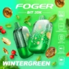 WinterGreen Bit 35K disposable vape showing its transparent tank and Bitcoin chip-board artwork
