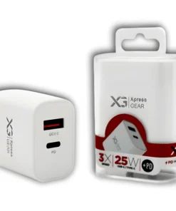 Xpress gear charger 25W wall adapter with USB-C PD and USB-A ports charging a vape dock and a phone side by side